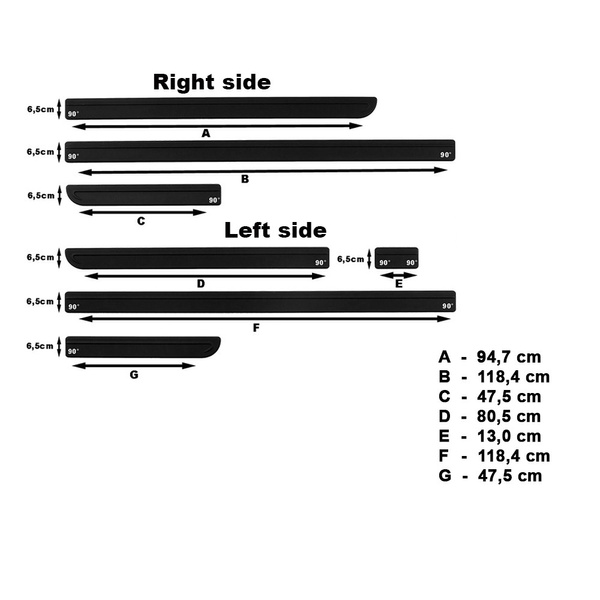 Čierne bočné lišty pre Volkswagen Transporter T5 Van (2004-2015) - (dlhý rázvor náprav)